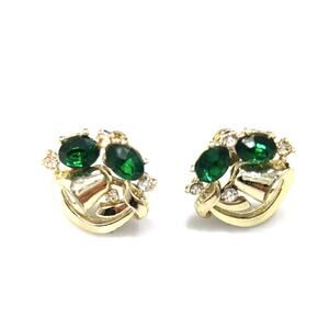 Vintage Emerald Green Rhinestone Screw-back Earrings, Gold Tone, 1950